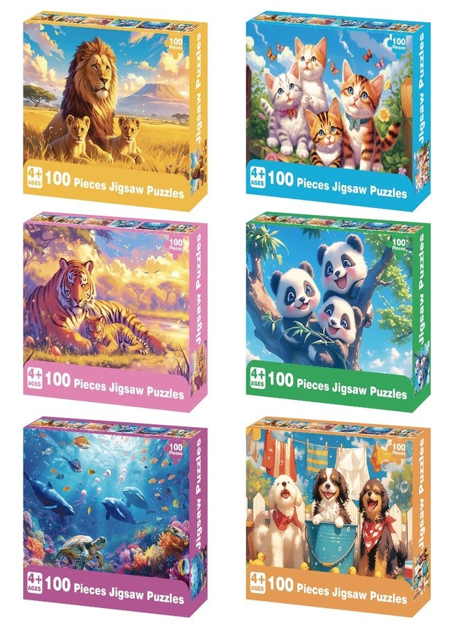 Yigney 100 Piece Puzzles for Kids - Ages 4-6 6-8 8-10 Year Old - Lions, Cats, Pandas, Tigers, Dogs, Turtles, 6-Pack Jigsaw Puzzles for Kids Learning Educational Toys for Boys and Girls - Image 1